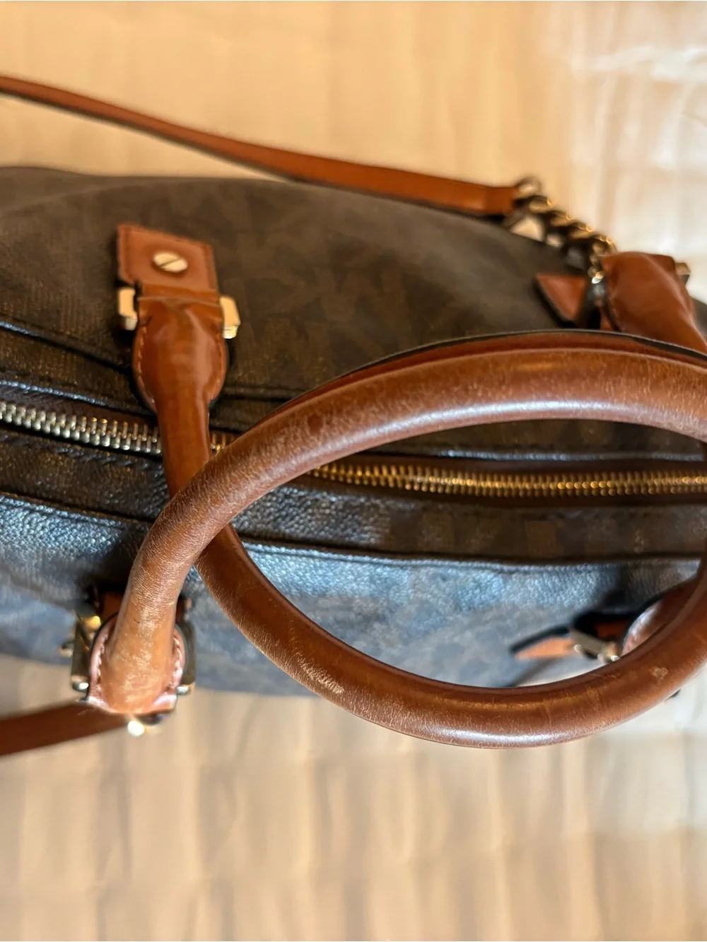 Michael Kors Brown Signature MK Monogram Satchel with Gold Hardware